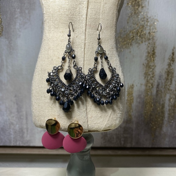 2 Elegant Black and Silver Chandelier and Gold and Burgundy Earrings - Picture 2 of 5
